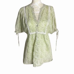 Ann Taylor Loft Floral Blouse Top Peasant Puff Sleeve Green S
